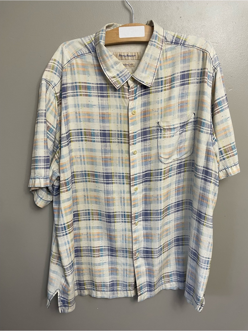 Tommy Bahama Shirt Mens XL Blue Plaid Silk Blend Long Sleeve Button Front Casual